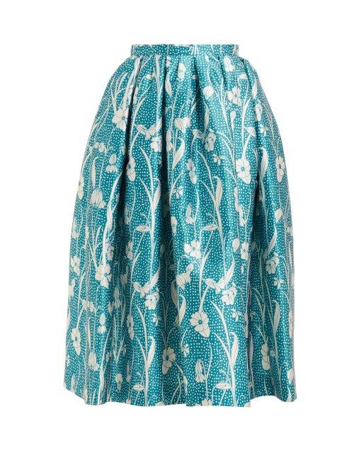 Matchesfashion.com Rochas - High Rise Floral Print Satin Midi Skirt - Womens - Blue Multi