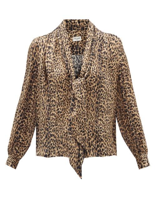 Saint Laurent - Plunge-front Leopard-print Silk Blouse - Womens - Multi