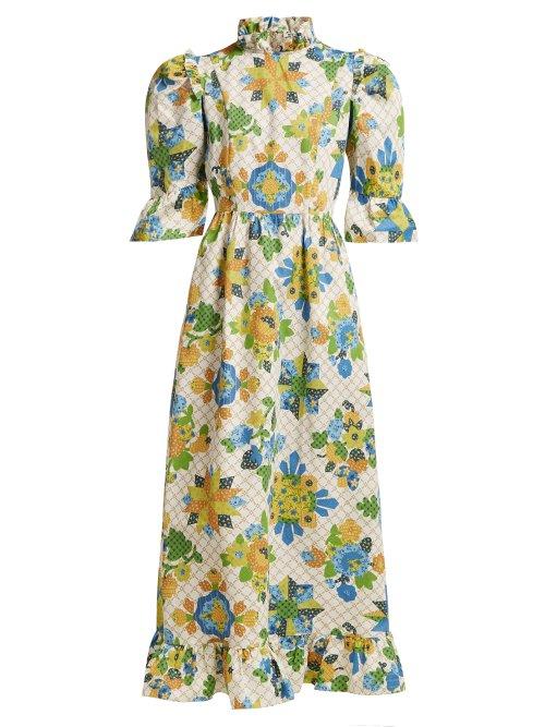 Matchesfashion.com Batsheva - Patchwork Print Cotton Midi Dress - Womens - Green Multi