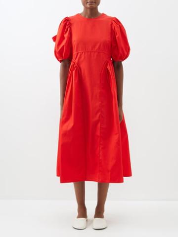 Cecilie Bahnsen - Finnega Puff-sleeve Cotton-poplin Midi Dress - Womens - Bright Red