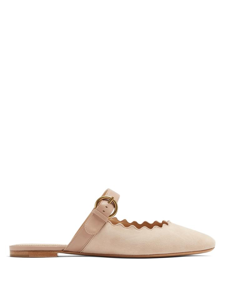 Chloé Lauren Scallop-edged Suede Backless Loafers
