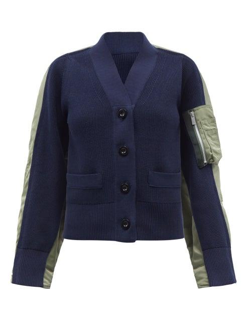 Sacai - Nylon-sleeve Ribbed Cotton-blend Cardigan - Womens - Navy Multi