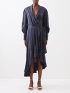 Zimmermann - Ruffled Asymmetric Silk-satin Wrap Dress - Womens - Navy