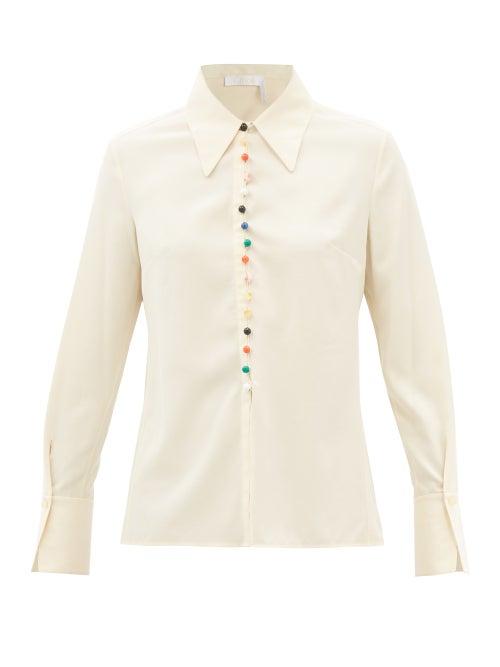 Chlo - Marble-button Embroidered Silk-crepe Blouse - Womens - Beige