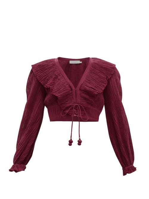 Matchesfashion.com Zimmermann - Suraya Ruffle Trim Pliss Gauze Top - Womens - Burgundy