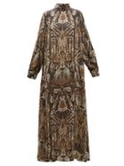 Matchesfashion.com Edward Crutchley - Raja Print Long Sleeved Silk Maxi Dress - Womens - Brown Multi