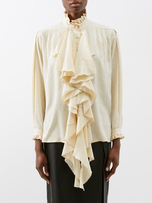 Gucci - Ruffled Jacquard Silk Shirt - Womens - Cream