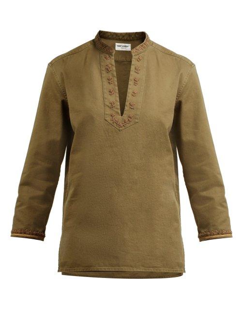 Matchesfashion.com Saint Laurent - Passementerie V Neck Cotton Blend Top - Womens - Dark Green