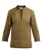 Matchesfashion.com Saint Laurent - Passementerie V Neck Cotton Blend Top - Womens - Dark Green