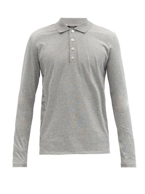 Matchesfashion.com Balmain - Logo-print Buttoned Cotton-jersey Polo Shirt - Mens - Grey