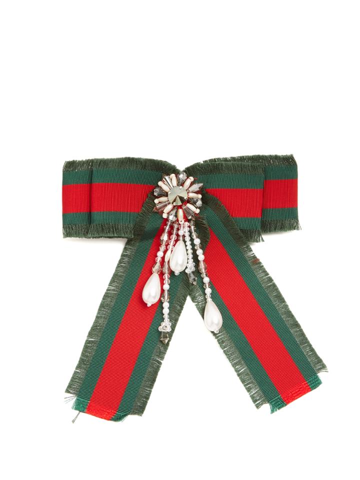 Gucci Crystal-embellished Web-stripe Bow Brooch