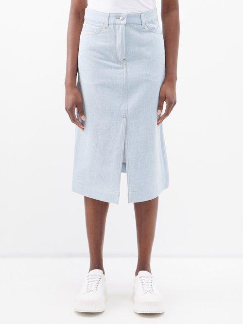 Studio Nicholson - Soro Front-slit Denim Midi Skirt - Womens - Light Blue