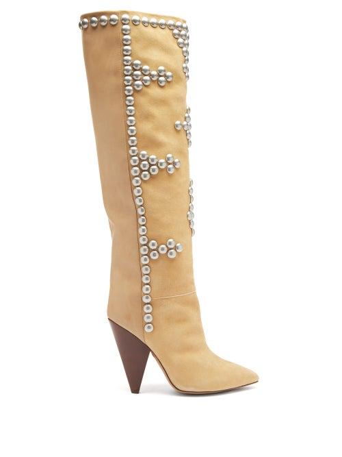 Matchesfashion.com Isabel Marant - Lyork Studded Suede And Leather Knee-high Boots - Womens - Beige