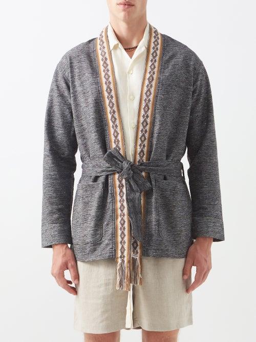 Thorsun - Embroidered Belted Cotton Kaftan - Mens - Grey