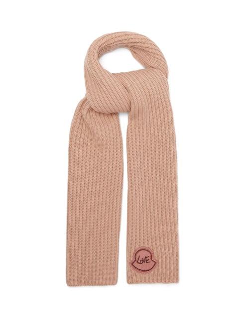 Moncler - Love Logo Ribbed Wool-blend Scarf - Womens - Light Pink