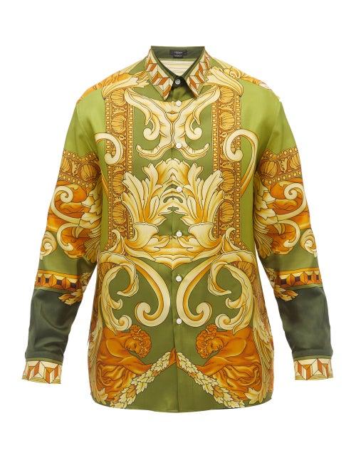 Mens Rtw Versace - Medusa Renaissance-print Silk-twill Shirt - Mens - Green