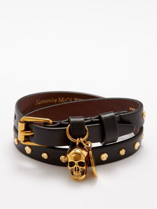 Alexander Mcqueen - Double Wrap Skull-embellished Leather Bracelet - Womens - Black Multi
