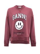 Matchesfashion.com Ganni - Smiling Face-print Jersey Sweatshirt - Womens - Burgundy