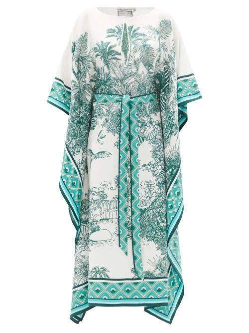 Ladies Beachwear Mary Mare - Monte Carlo Leaf-print Silk Kaftan - Womens - Green White