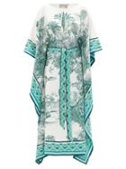 Ladies Beachwear Mary Mare - Monte Carlo Leaf-print Silk Kaftan - Womens - Green White