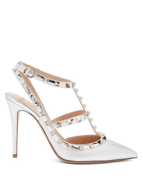 Matchesfashion.com Valentino - Rockstud Metallic Point Toe Leather Pumps - Womens - Silver