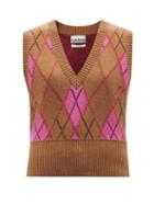 Ganni - Logo-embroidered Harlequin-jacquard Sweater Vest - Womens - Pink Multi