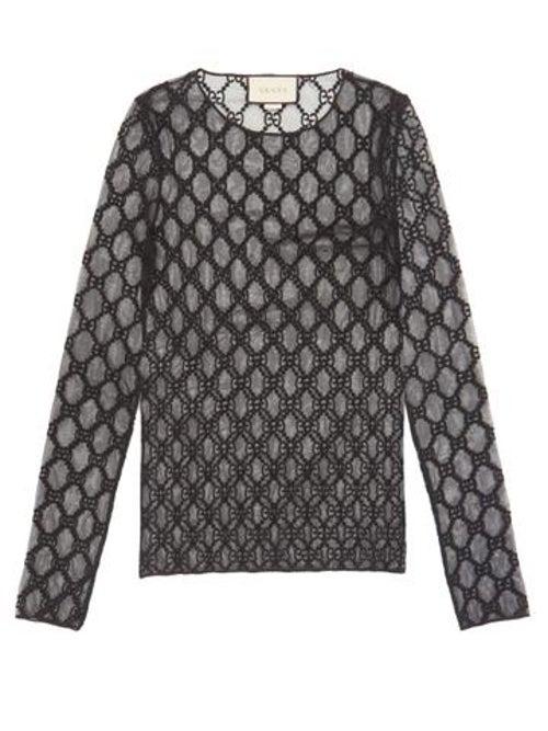 Gucci - Gg-logo Embroidered Cotton-blend Tulle Top - Womens - Black
