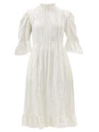 Matchesfashion.com Batsheva - Crystal-button Ruffled Cotton-velvet Dress - Womens - Ivory