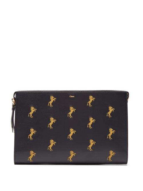 Matchesfashion.com Chlo - Little Horses Embroidered Leather Pouch - Womens - Navy Multi
