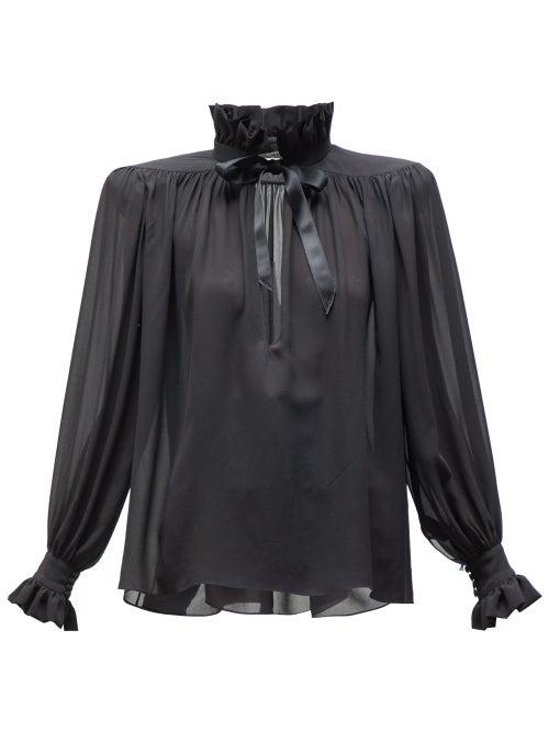 Matchesfashion.com Saint Laurent - High Neck Wide Shoulder Chiffon Blouse - Womens - Black