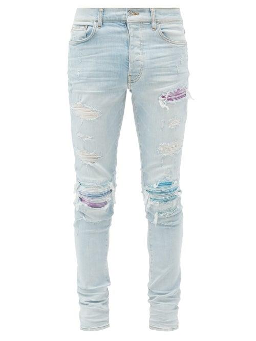 Matchesfashion.com Amiri - Printed-patch Distressed Slim-leg Jeans - Mens - Blue