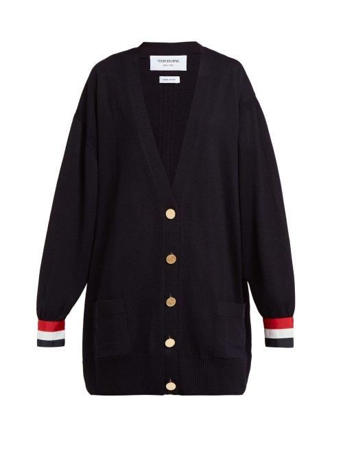Matchesfashion.com Thom Browne - Oversized Striped Cuff Wool Cardigan - Womens - Navy