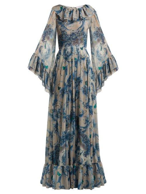 Matchesfashion.com Luisa Beccaria - Floral Print Ruffled Georgette Gown - Womens - Blue Print