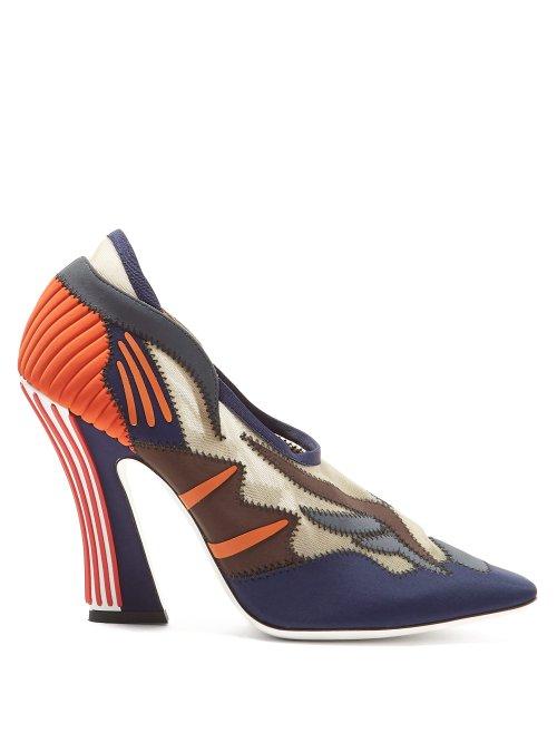 Matchesfashion.com Fendi - Freedom Logo Square Toe Pumps - Womens - Navy Multi