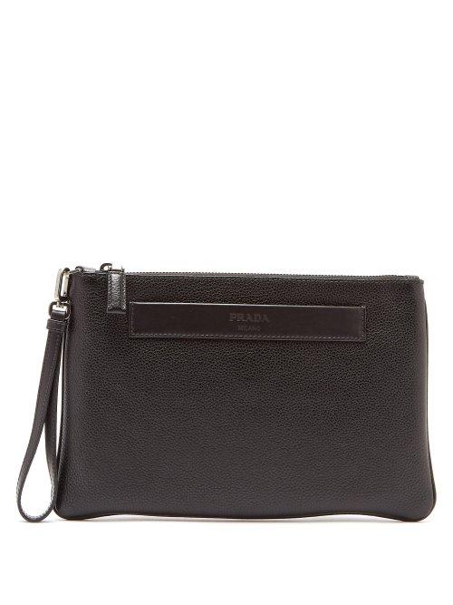 Matchesfashion.com Prada - Logo Patch Grained Leather Pouch - Mens - Black
