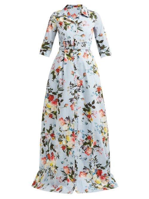 Matchesfashion.com Erdem - Karissa Floral Print Striped Cotton Shirtdress - Womens - Blue Print