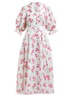 Matchesfashion.com Gl Hrgel - Floral Print V Neck Linen Midi Dress - Womens - Pink White
