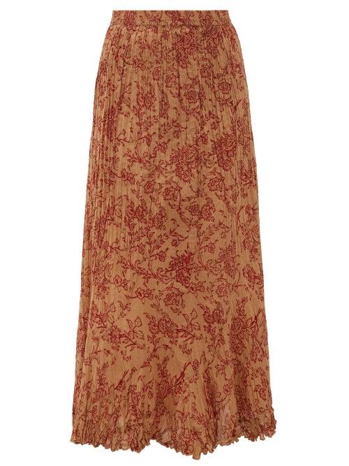 Matchesfashion.com Mes Demoiselles - Jouvencelle Floral-print Pleated Cotton Midi Skirt - Womens - Brown Print