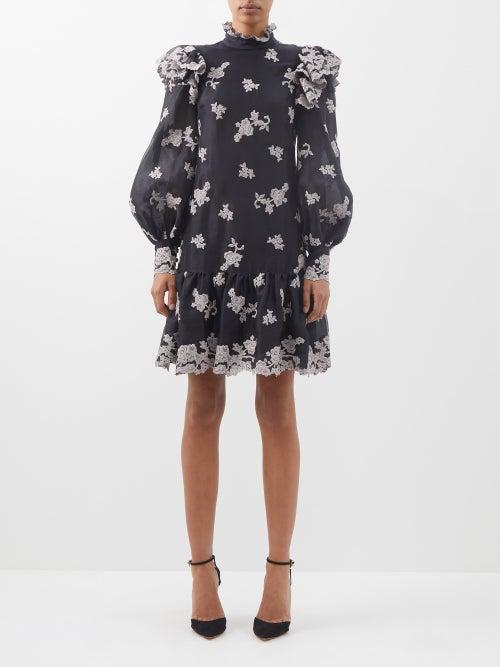 Erdem - Nella Floral-embroidered Silk Dress - Womens - Black