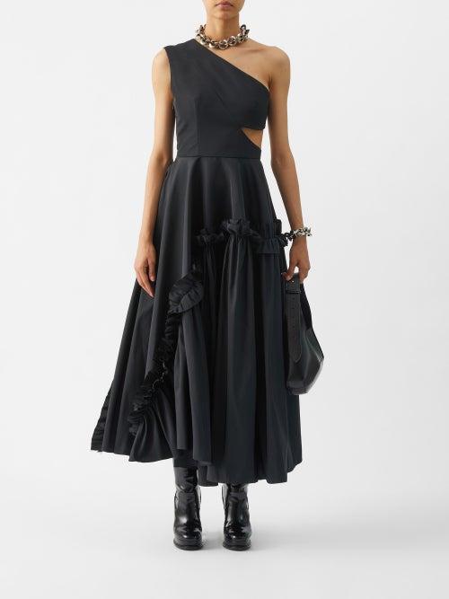 Alexander Mcqueen - Cutout Ruffled Asymmetric Faille Gown - Womens - Black