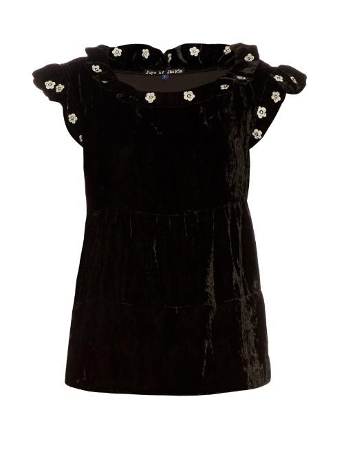 Jupe By Jackie Mickey Ruffle-trimmed Embroidered Silk-velvet Top