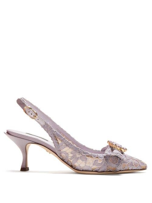 Matchesfashion.com Dolce & Gabbana - Lori Crystal Embellished Lace Kitten Heel Pumps - Womens - Light Purple