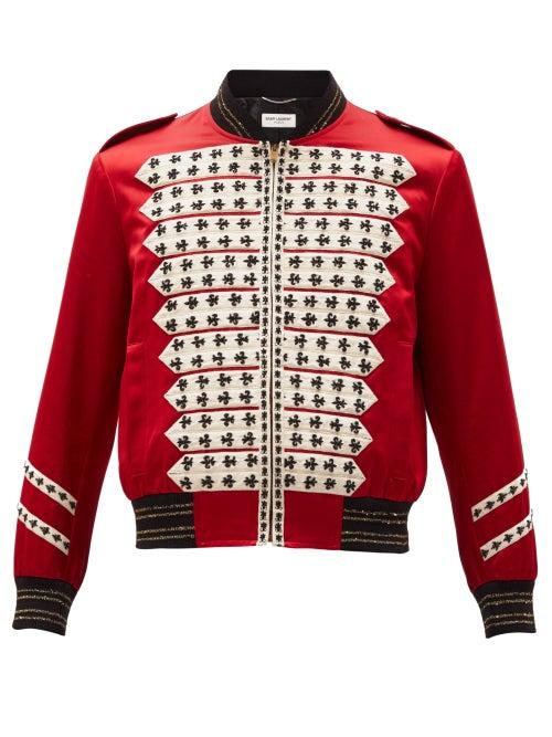 Matchesfashion.com Saint Laurent - Fleur De Lys-beaded Satin Bomber Jacket - Mens - Red
