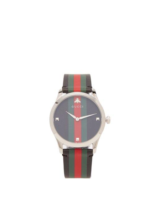 Matchesfashion.com Gucci - G Timeless Web Striped Leather Watch - Womens - Black