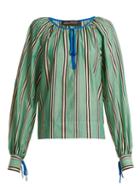 Matchesfashion.com Anna October - Stripe Printed Round Neck Cotton Blouse - Womens - Green