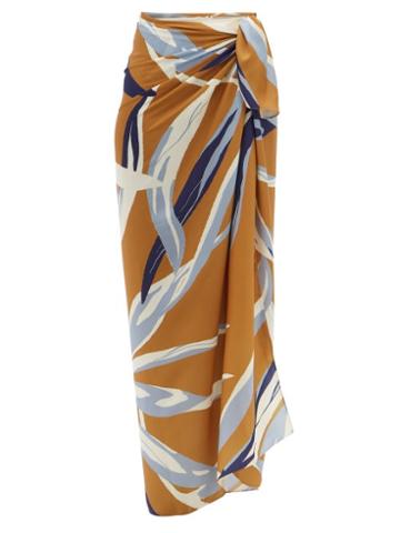 Ladies Beachwear Cala De La Cruz - Amelia Leaf-print Crepe Sarong - Womens - Orange Print