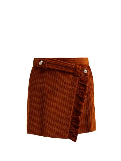Matchesfashion.com Miu Miu - Ruffled Wrap Front Cotton Corduroy Mini Skirt - Womens - Brown