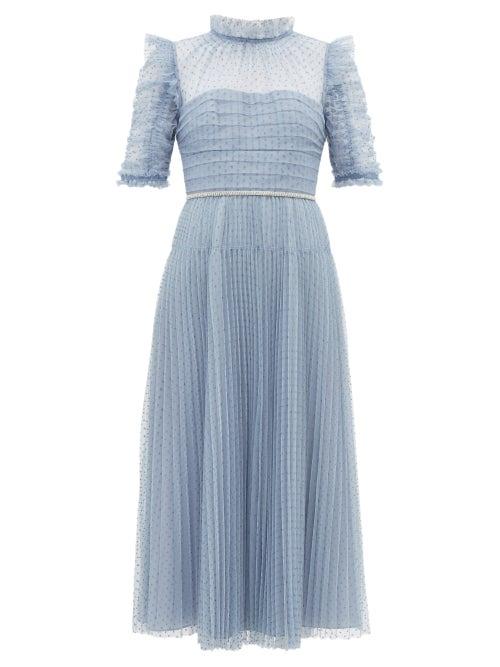 Matchesfashion.com Self-portrait - Crystal-embellished Pleated Polka-dot Tulle Dress - Womens - Light Blue