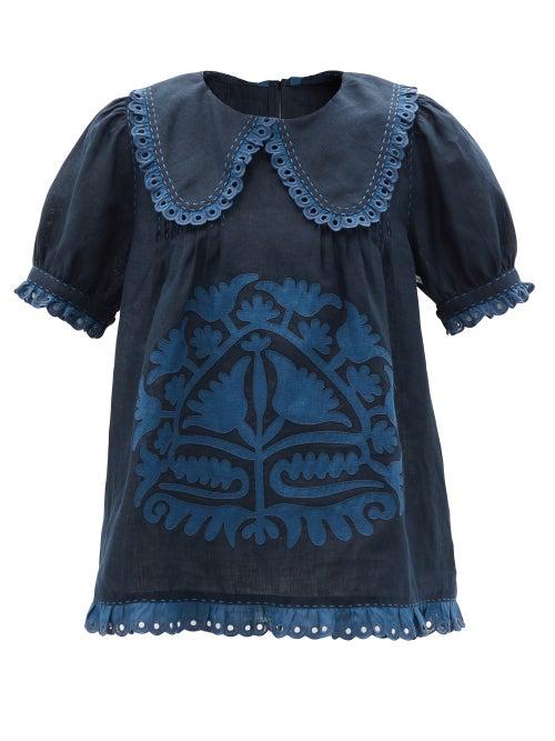 Ladies Rtw Vita Kin - Shalimar Floral-appliqu Linen-poplin Blouse - Womens - Blue