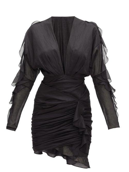 Matchesfashion.com Alexandre Vauthier - Plunge-neck Ruffled Cotton-voile Mini Dress - Womens - Black